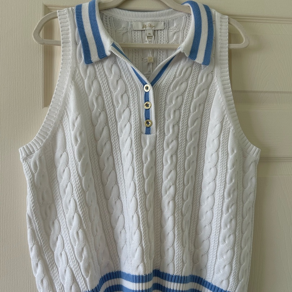 Lilly Pulitzer white and blue cable knit polo sweater